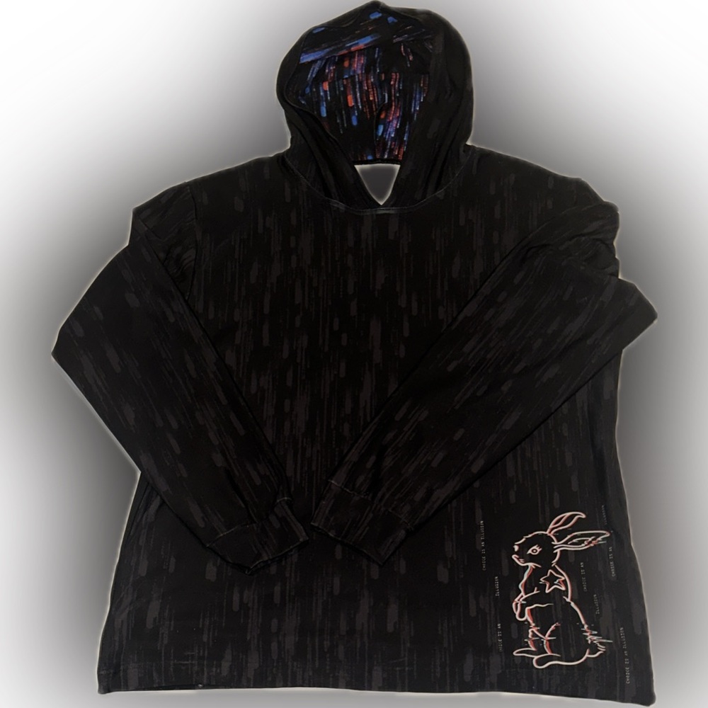 Black Graphic Hoodie with Bunny Accent